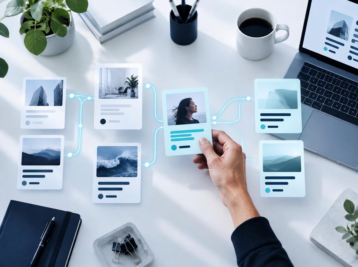 Social content cards connected in an automated review workflow
